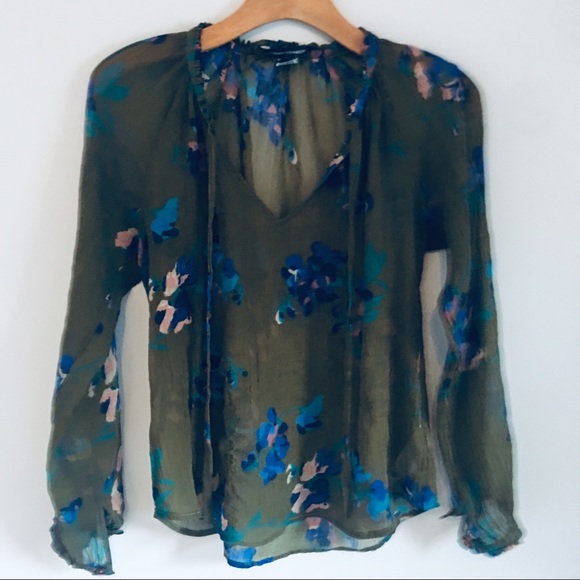 French Connection Tops - French Connection green sheer boho floral shirt